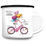 Wandtattoo Loft Kindertasse mit Namen, Motiv Schulkind Schwarze Haare auf Fahrrad, Emaille Tasse Kinder mit Namen, Kindertasse personalisiert, Trinkbecher Kinder, Tasse mit Namen, Camping Tasse Kinder