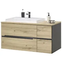 Stella Trading MEMPHIS Badezimmer Waschbeckenunterschrank mit Waschbecken in Artisan Eiche Optik, Grau - Bad Unterschrank schwebend mit viel Stauraum - 110 x 54 x 53 cm (B/H/T)