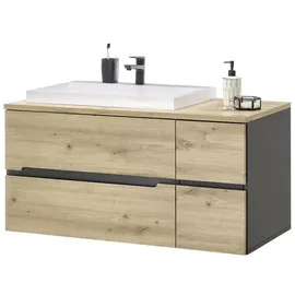 Stella Trading MEMPHIS Badezimmer Waschbeckenunterschrank mit Waschbecken in Artisan Eiche Optik, Grau - Bad Unterschrank schwebend mit viel Stauraum - 110 x 54 x 53 cm (B/H/T)