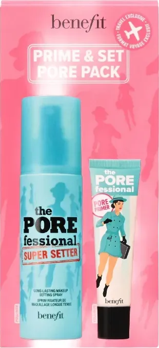 Benefit The POREfessional Set – Primer 22ml & Super Setter Fixierspray 120ml, Make-up Grundierung gegen Poren & Fixierspray für langen Halt, mattierend, Geschenkset