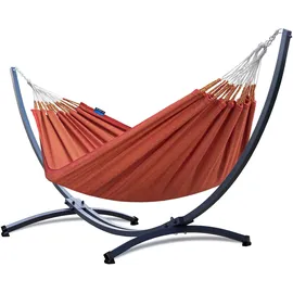 Potenza Outdoor Hängematte mit Gestell für 2 Personen I Medelin - 100% Baumwolle Doppelhängematte 220x140, 160kg I Hängemattengestell 220kg, wetterfest (Chilli, Basic Gestell Graphit)