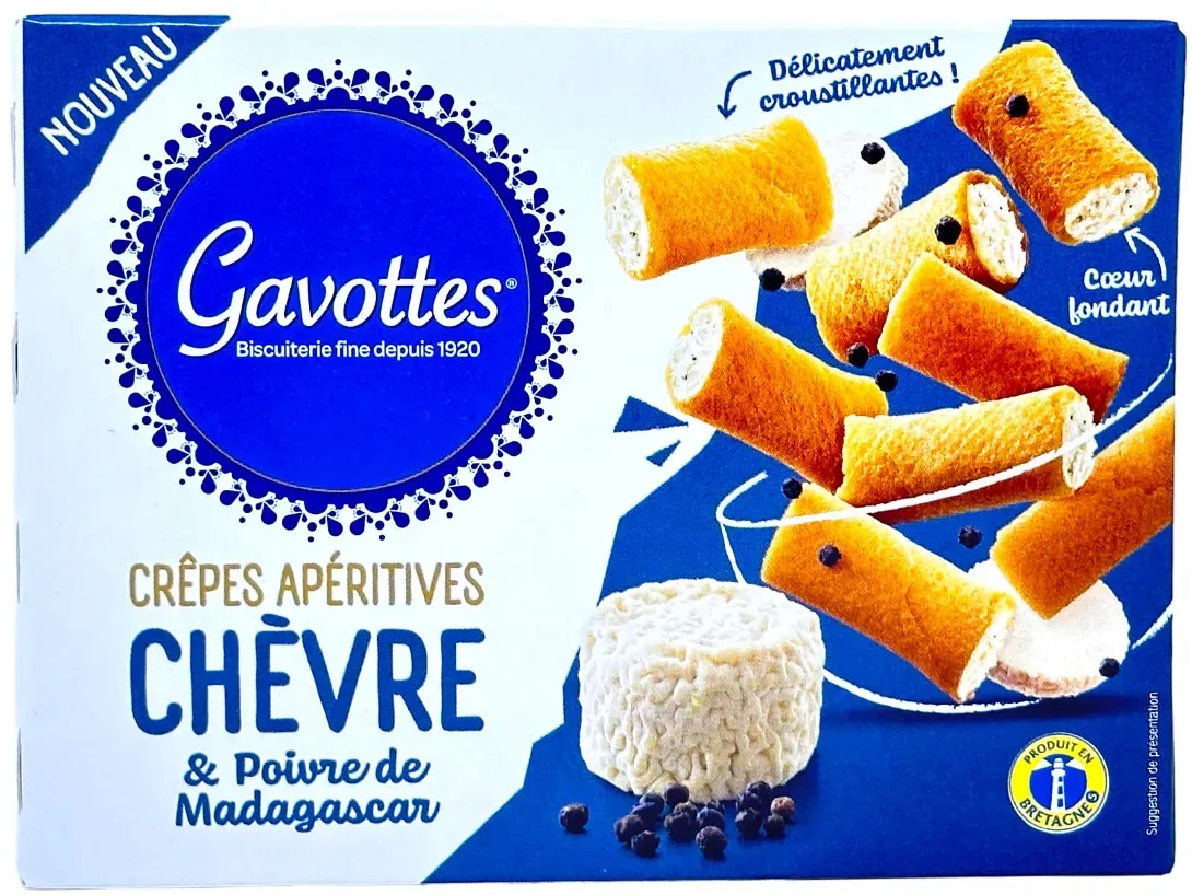 Knusprige Gavottes Crêpes Apéritives Chèvre mit Ziegenkäse und Madagaskar Pfeffer