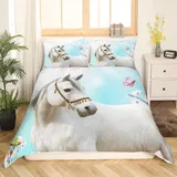 Loussiesd Weißes Pferd Drucken Bettbezug Set Wild Tier Themed Bettwäsche Set 135x200cm Schmetterling Blumendruck Bettwäsche Kinder Jungen Mädchen Mikrofaser Natur Themed Raumdekoration
