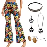 YEAJION Hippie Kostüm Damen Schlaghose 60er 70er Jahre Verkleidung Retro Disco Outfit Hippie Kleidung mit Hippie Accessoires Halloween Party Karneval Faschingskostüme