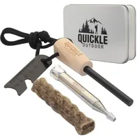 Quickle® Feuerstahl Kit, Feuerstahl mit Holzgriff, teleskopisches Feuerblasrohr - 48 cm, Wolle und Metallbox zum sicheren und trockenen Aufbewahren, 125x95x35