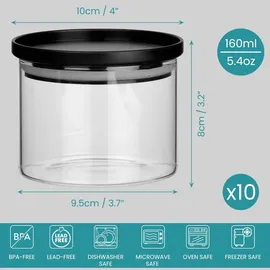 Belle Vous Set aus 10 Vorratsgläsern 160 ml aus Glas mit Luftdichtem Deckel - BPA-frei und Mottensicher - Küchen Organizer für Gewürze, Zucker, - Schwarz