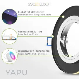 SSC-LUXon YAPU Glas Einbauspot flach mit LED Ring in schwarz spiegelnd - Einbaulampe mit WLAN LED Lampe Smart RGB CCT dimmbar