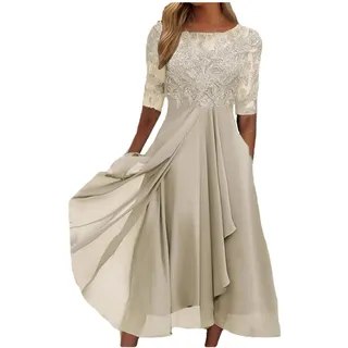 Blusenkleid Damen Brautkleider Hochzeitskleider Midikleid Damen Sommer Damen Elegant Chiffon Patchwork Spitze Hollow Out Einfarbig Lange Abendkleider FüR Hochzeit Damen Kleider Sommer Lang (Beige, S)