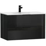 WELLTIME Waschtisch Athen Badschrank Badezimmer WC Unterschrank mit Becken (Set), Waschplatz mit 2 Schubladen, Breite 80cm Softclose Bad schwarz