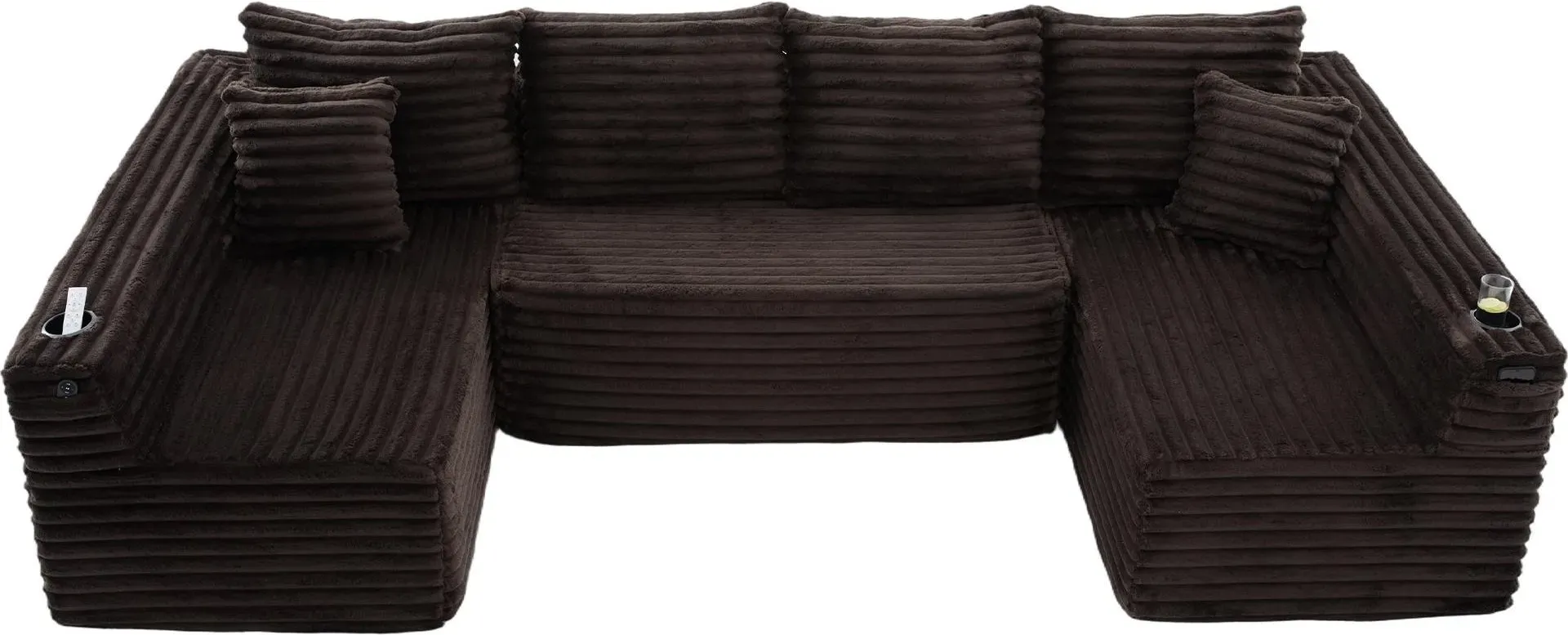 U-förmiges Cord-Sofa, integriertem Getränkehalter und Seitentasche, Federkernpolsterung, 320x155x88 cm, Braun