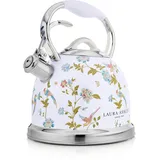 Laura Ashley Elveden Weiß 3 Litern Wasserkessel Induktion von VQ – Wasserkessel Camping mit Pfeifton für Gasherd, Induktions kochfeld oder andere Kochfelder mit Druckknopf Mechanismus