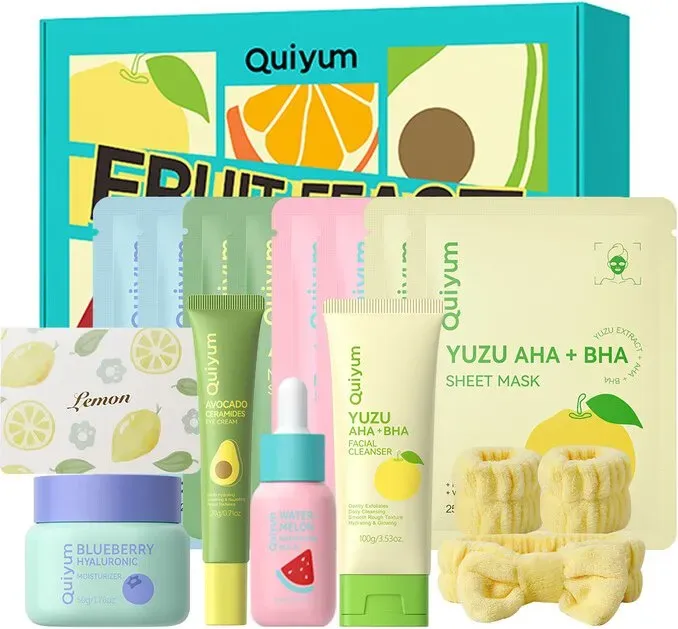 QUIYUM Frucht-Hautpflege-Set (11-teilig) – Gesichtsreiniger 100 g, Augencreme 20 g, Serum 30 ml, Gesichtscreme 50 g, Frucht-Gesichtsmaske 25 g × 4, mit 3-teiligem wasserfestem Gesichtsset