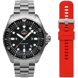 Automatikuhr RUHLA "NVA Kommando Minentaucher", silber (silberfarben, rot), Armbanduhren, Herren, Herrenuhr, Datum, Leuchtzeiger, Saphirglas, Made in Germany