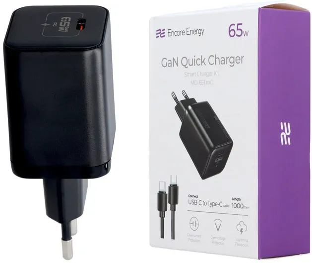 Neues GaN 65W USB-C QC PD Netzladegerät + 100cm USB-C Kabel Encore Energy MD-651mC