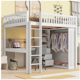 STILVORA Hochbett 140×200 erwachsene mit treppe,Bett mit Schreibtisch,ohne matratze (Hochbett,mit Schreibtisch und Stauraum Inkl. Kleiderschrank, 3 Schubladen, Geländer und Treppe) ohne Matratze