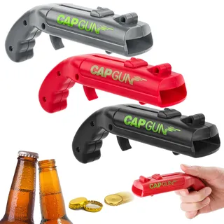 3 Stück Cap Gun,Flaschenöffner Lustig, Kronkorken Pistole, Bierdeckelpistole, Cap Gun Flaschenöffner Pistole, Gadgets für Männer für Zuhause Bar Party Trinken und Spiel- (Schwarz, Grau, Rot)