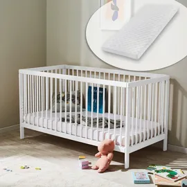 Kids Collective Babybett Kinderbett Gitterbett 60x120 und 70x140 cm mit Matratze höhenverstellbarer Lattenrost & herausnehmbare Sprossen stabiles ... | weiß