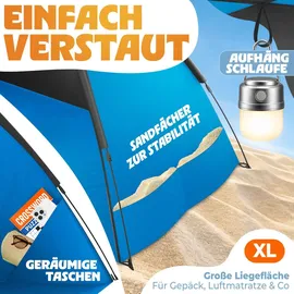 eloneo Pop Up Strandmuschel UV Schutz 80+, Leichter Aufbau und kleines Packmaß inkl. Tragetasche, Sonnenschutz & Windschutz für Babys und Erwachsene, Blau, 190x100x110 cm