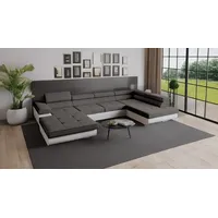 Goldstoff Wohnlandschaft RELAX U Ecksofa mit Schlaffunktion, Kunstleder & Samt, 345 × 205 cm, zwei Bettkästen, verstellbare Kopfstützen grau
