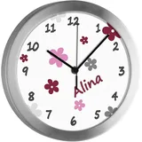 CreaDesign Kinder Funkwanduhr mit (Wunsch) Namen | Kinderzimmer Funkuhr| mit Analog ? Ziffernblatt | geräuscharm | Wanduhr Kind | Motiv Blume