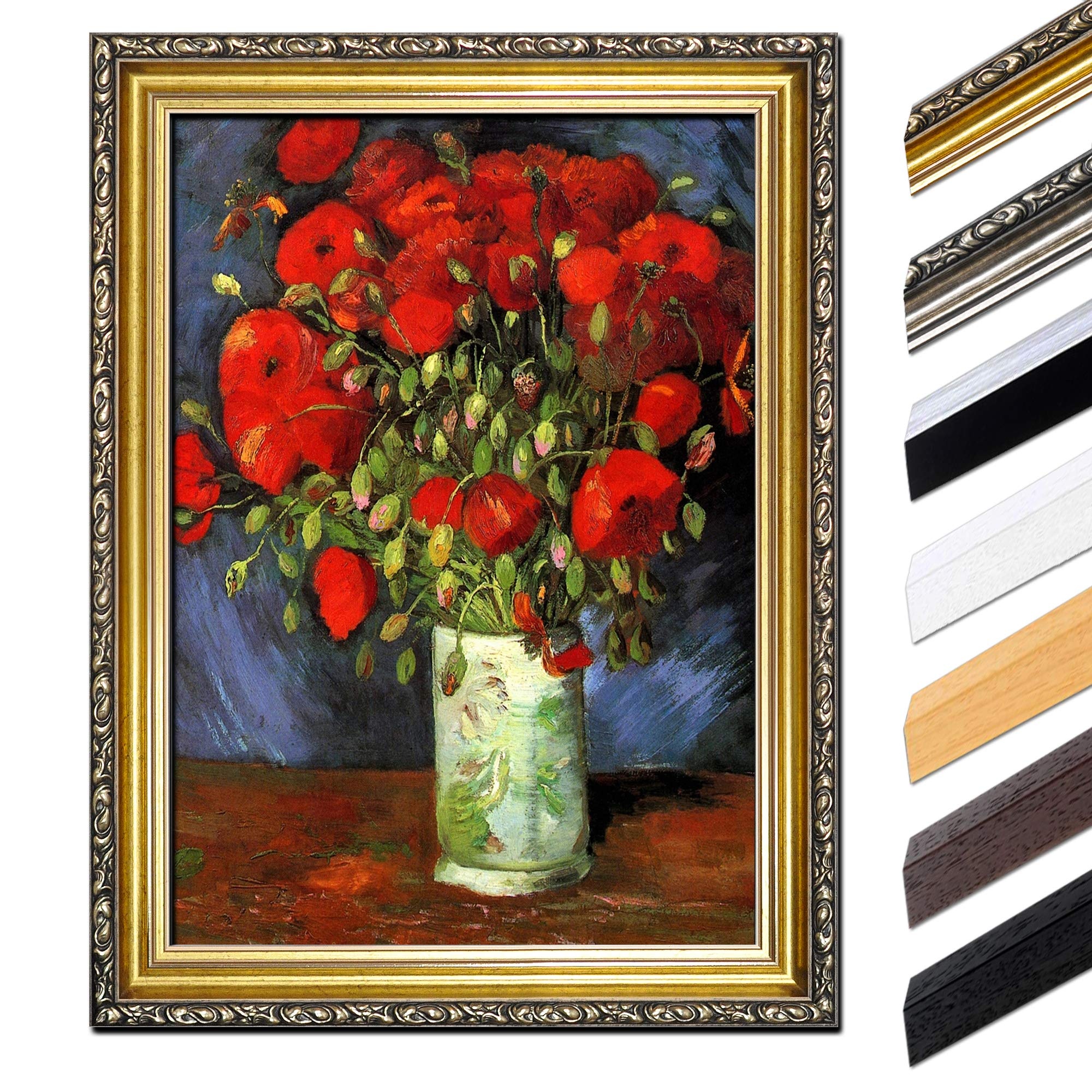 Bild mit Rahmen - Vincent van Gogh Vase mit roten Mohnblumen 70x90 cm - Gerahmtes Leinwandbild Alte Meister - Antiker Rahmen Gold Barock, Klassisch