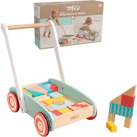 owl & fox Holz-Lauflernwagen mit 29 bunten Bausteinen – Traditionelles Schiebespielzeug zur frühen Entwicklung & Aktivität – Nachhaltig produziert – Ab 12 Monaten