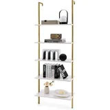 5 Ebenen Leiterregal Wandmotage, 180cm Bücherregal mit goldenem Metallrahmen, Wandregal modern, ideal für Wohnzimmer und Schlafzimmer - Costway