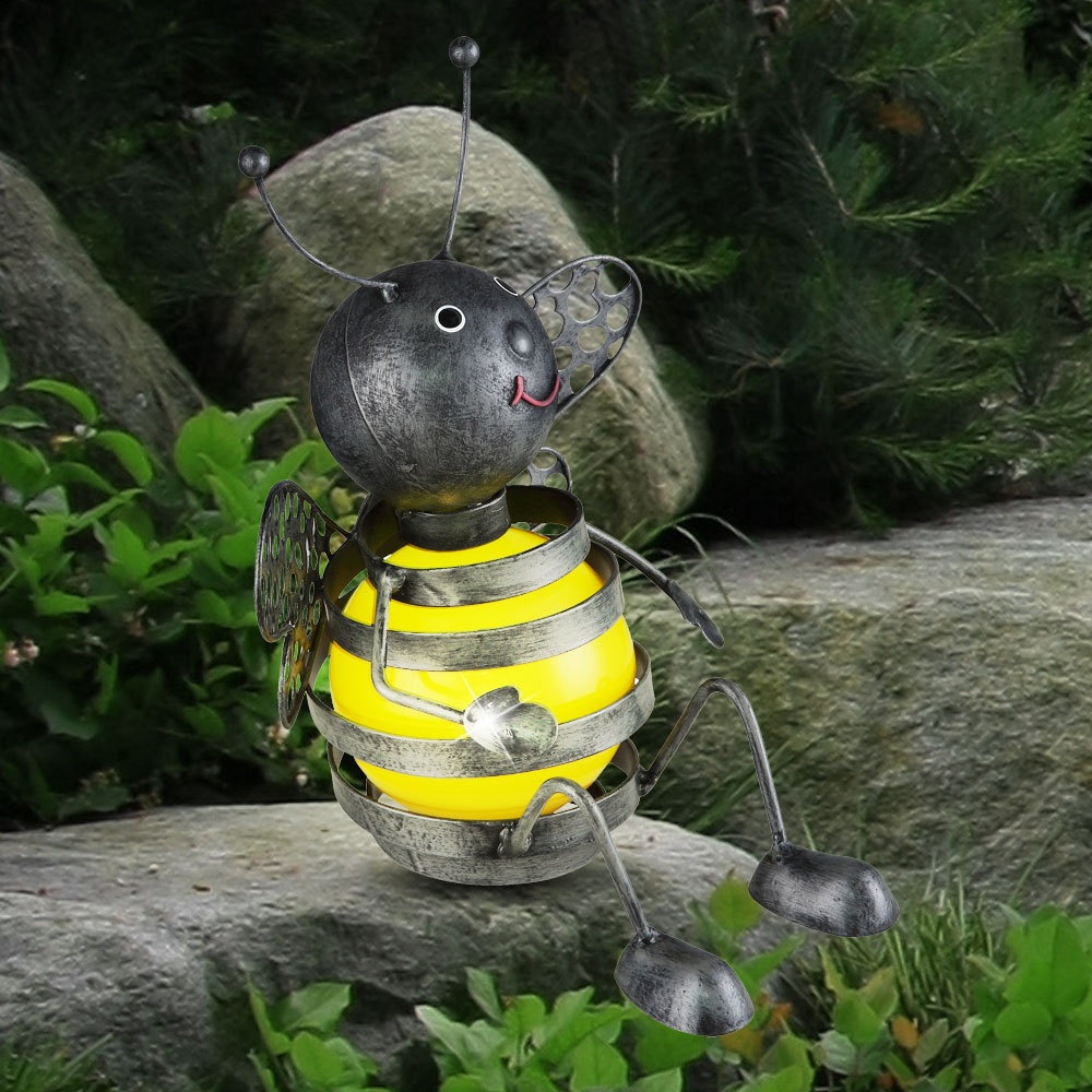 Solar Biene außen Biene Deko Gartenfiguren für Außen Metall, Akku schwarz gelb, 1x LED 0,06 Watt, H 25 cm, Garten