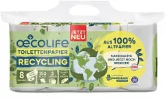 Fripa oecolife Toilettenpapier RECYCLING, 3-lagig, weiß 1590801  , 1 Palette = 22 Pakete à 7 Packungen à 8 x 150 Blatt