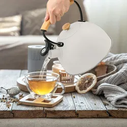 Briebe Nordic Wasserkessel Induktion Flötenkessel 2,5L Edelstahl, Holzgriff, Weiß