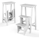 KOMFOTTEU Trittleiter 3 Stufen, klappbar Trittstuhl aus Kautschukholz, bis 310kg weiß