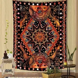Fowocu Wandteppich mit Sonne und Mond, indisches Hippie-Mandala, cooler Wandteppich, ästhetischer Wandteppich für Schlafzimmer, Wohnzimmer, Wohnheim (Orange, 152,4 x 203,2 cm)