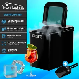 Tronitechnik TroniTechnik® Eiswürfelmaschine Eiswürfelbereiter, Ice Maker, 12kg/24h, 2,2 Liter Wassertank, 2 Größen, Selbstreinigung, schwarz