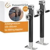 PRO PLUS Preiswert&Gut 2x Anhängerstützen Höhe 570–950 mm bis 1000 kg – Ausdrehstütze verzinkt, klappbare Kurbelstütze für Wohnmobil inkl. Flansch, Handkurbel & Sicherungsbolzen