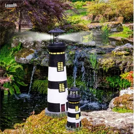 Lemodo Gartendeko Leuchtturm mit Solar 37 cm, handbemalte Gartenfigur schwarz,weiß