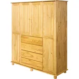Möbilia Kleiderschrank | mit 4 Türen, 4 Schubladen | Kiefer-Holz massiv | naturfarben lackiert | B 156 x T 52 x H 177 cm | 19020073 | Serie SCHRANK