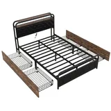 DOPWii Bettgestell 140*200cm Flachbett,Eisenrahmenbett,Nachttischlampe,Metallbett, Ausgestattet mit USB-Steckdose,Nachttisch mit Drahtschubladen schwarz