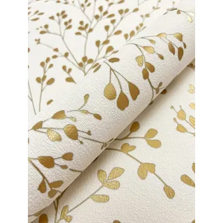 Newroom Vliestapete, Weiß Tapete Floral Zweige - Blumentapete Floral Gold Romantisch 3D Optik Blätter Leicht glänzend für Wohnzimmer Schlafzimmer Küche, Blumentapete, Floral goldfarben
