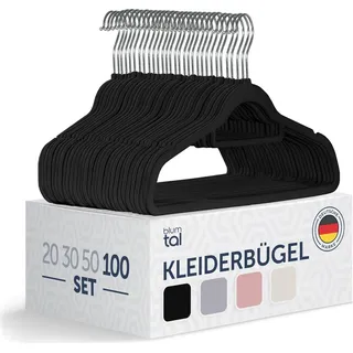 Blumtal 100 Stück Kleiderbügel Platzsparend mit Samtbezug - rutschfeste Premium Bügel inkl. Krawattenhalter, 360° drehbar, Schwarz