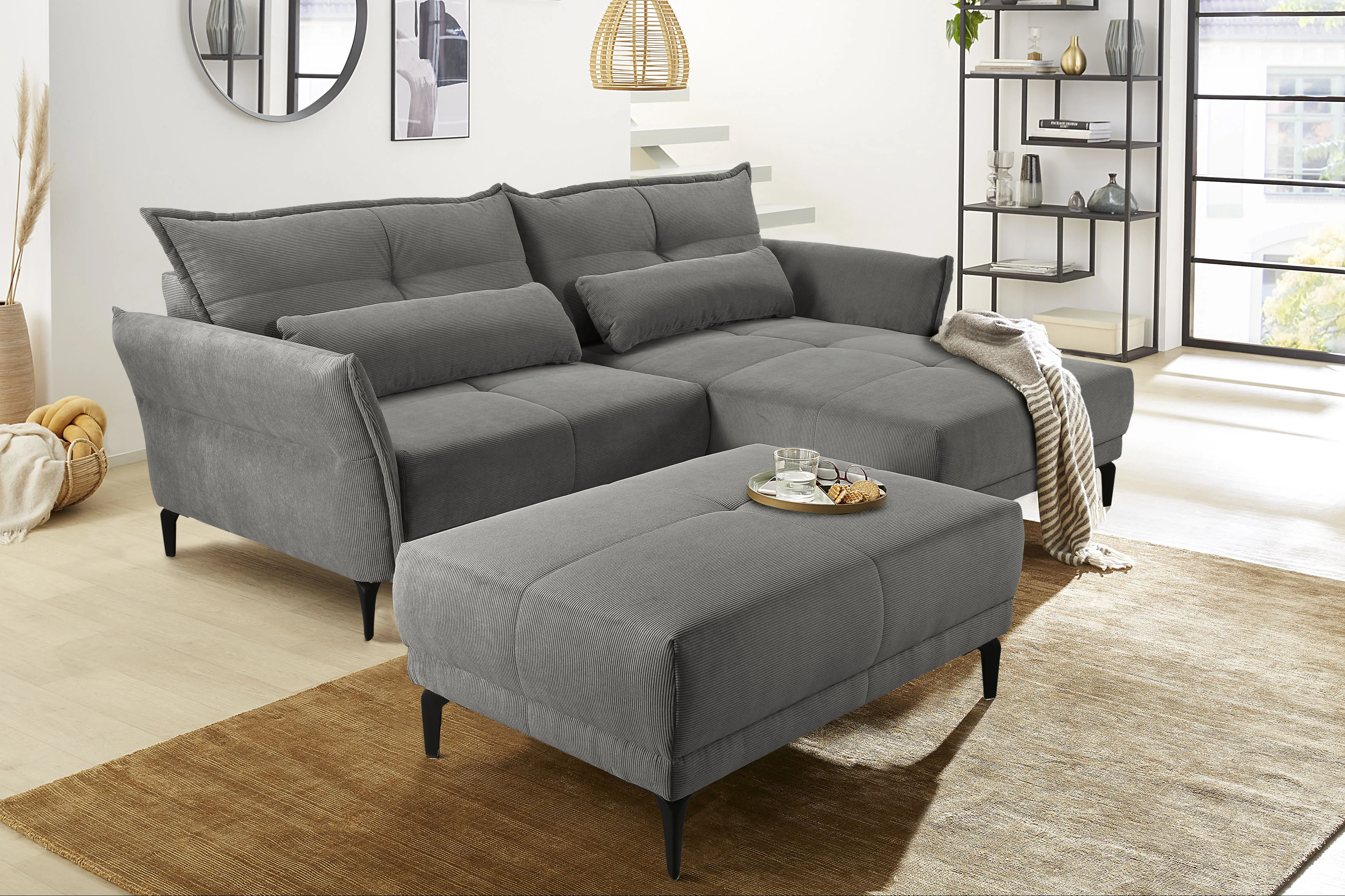 Ecksofa JOCKENHÖFER GRUPPE "Tropea L-Form" Sofas Gr. B/T: 251cm x 105cm, Ottomane beidseitig montierbar, grau Wellenfederung,Ottomane linksrechts montierbar,frei im Raum stellbar