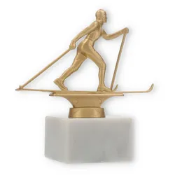 Pokal Metallfigur Skilanglauf goldmetallic auf weißem Marmorsockel 14,5cm