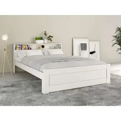 Massivholzbett »FLAVION, TOPSELLER! Jugendbett, FSC® zertifizierte massive Kiefer«, (Breite: 90, 140, 180), Qualitätsprodukt, Regal, Kassettenoptik, Schublade optional, weiß + weiß + weiß, , 59731813-0 180x200