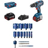 Bosch Professional Akku Schlagbohrschrauber GSB 18V-28 + 15 tlg. Expert Construction Material Lochsäge Set (für Weichholz, Ø 20-76 mm, Zubehör Bohrmaschine)