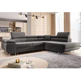 möbel punkt Ecksofa Monaco Samt Grau mit Bett Bettkasten Kopfteilverstellung Bett Sofa Schlafsofa Ottomane rechts