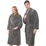hammetex Bademantel Unisex für Damen und Herren, Ultraweicher Qualitat Flausching Kuschelig Plüsch Lange Leichter Morgenmantel für Paare mit Taschen, Grau - M-L