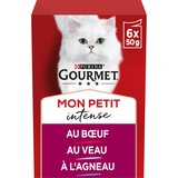 Purina Gourmet My Petit Intense, ausgewachsene Katze, zerkleinert in Sauce, Auswahl mit Fleisch: Rind, Kalb, Lamm, 6 x 50 g, 8 Stück, Frischebeutel