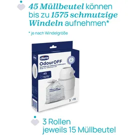 Chicco Odour Off Pouches, Toilettenfresser Beutel, Teleskop Müllbeutel, dreilagiges stabiles Material, hält Gerüche zurück, 45