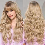 EMMOR Ombre Blonde Perücken für Frauen Lange Lockige Perücken mit Pony Hitzebeständige Faser Synthetische Perücke Täglich Natürlich Aussehend