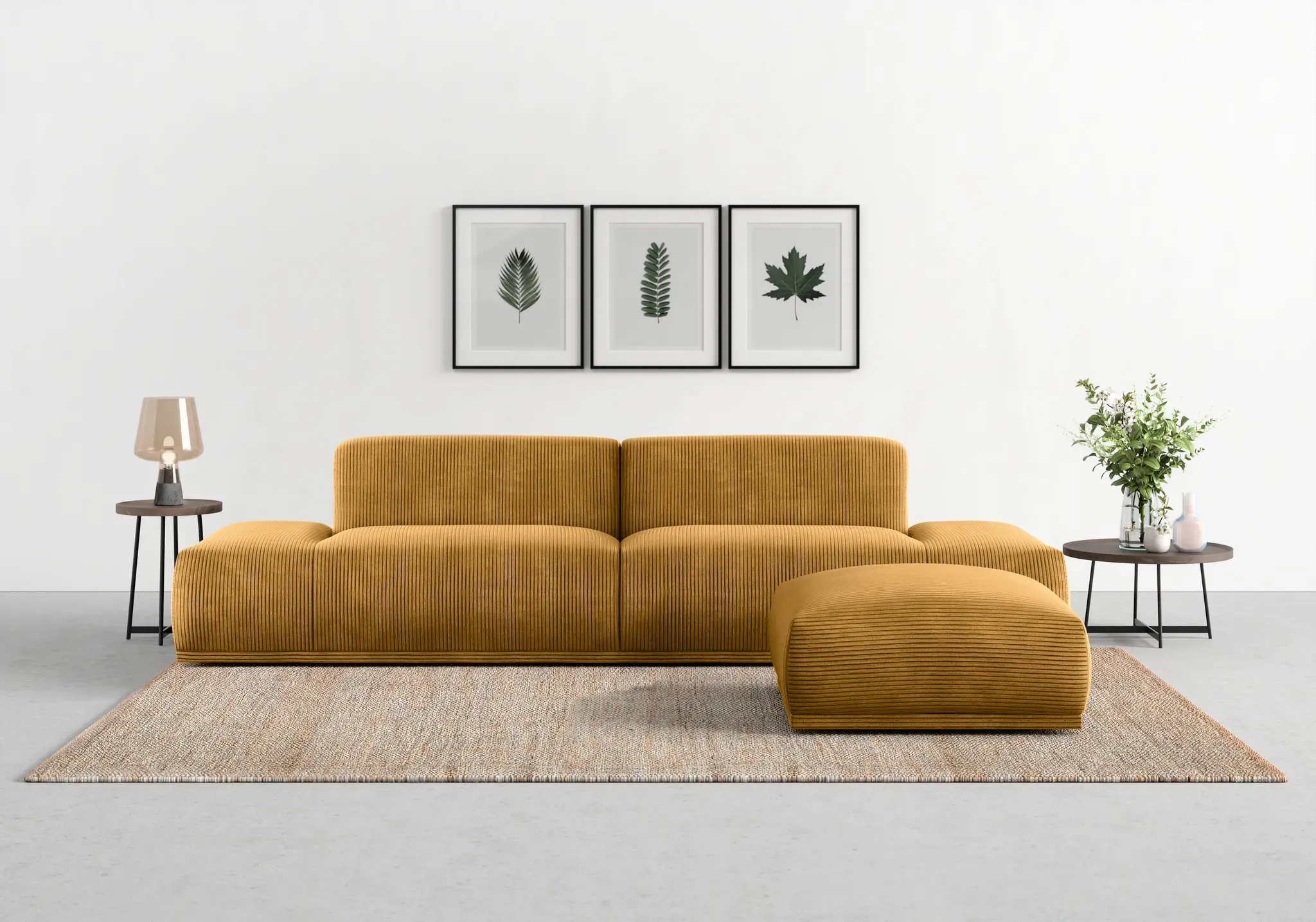 Big-Sofa TRENDMANUFAKTUR "Braga, toller Sitzkomfort, Designsofa" Sofas Gr. B/H/T: 300cm x 72cm x 107cm, Breitcord RIBBON, gelb (mustard) in moderner Optik, mit hochwertigem Kaltschaum