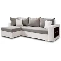 Ecksofa Lord mit Regal und Schlaffunktion - Sofa mit Bettkasten, Schlafsofa, Polsterecke, Couch L-Form, Couchgarnitur, Sofagarnitur (Weiß + Grau (Dolaro 511 + Berlin 01), Ecksofa Links)